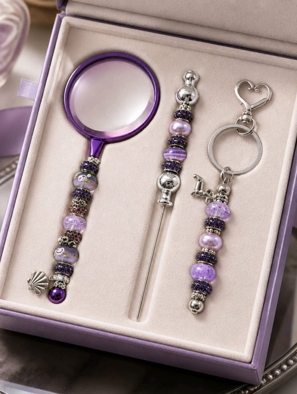 Three Piece Purple Beaded Desk Accessory Set. Handmade